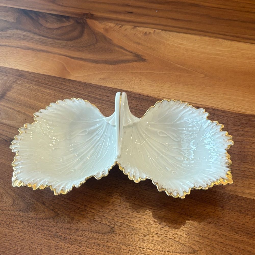 Lenox Double Leaf Leaves Cream Gold Candy Trinket Catch All Dish Made in USA